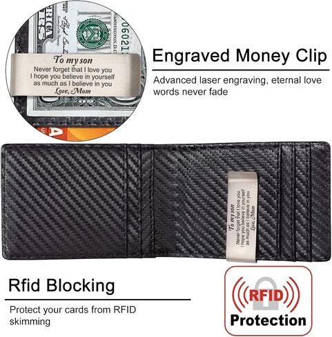 Personalized Mens Wallet for Son from Mom Gift Engraved Leather Slim Wallet Bifold with Money Clip Son Gift Birthday Christmas Graduation Gifts for My Son RFID Blocking Card Holder in Kuwait
