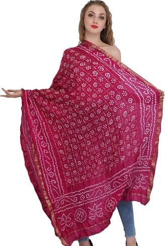 Exotic India Bandhani Tie-Dye Gharchola Dupatta from Jodhpur with Golden Thread Weave in Saudi Arabia