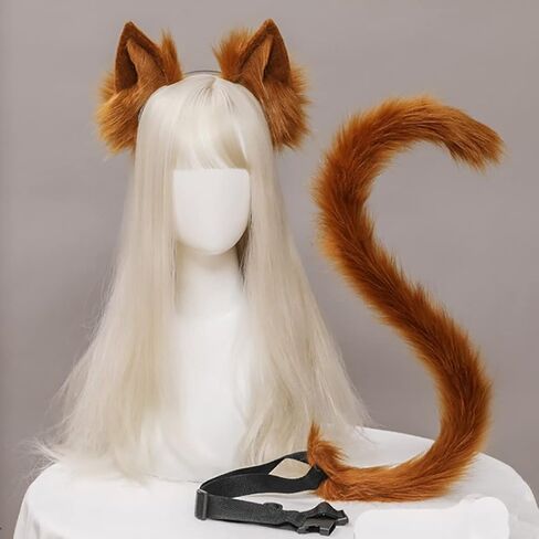 Ylucky Faux Fur Cat Ears Hair Clip Furry Fox Long Tail Dress Up Set Halloween Cosplay Costume in Kuwait