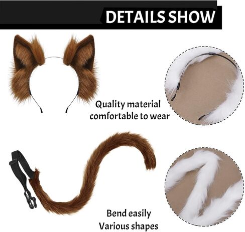 Ylucky Faux Fur Cat Ears Hair Clip Furry Fox Long Tail Dress Up Set Halloween Cosplay Costume in Kuwait