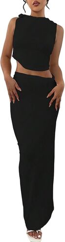 SOLY HUX Women's Mock Neck Crop Tank Top and Bodycon Maxi Skirt Outfit Casual 2 Piece Set in Saudi Arabia