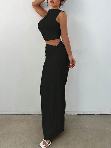 SOLY HUX Women's Mock Neck Crop Tank Top and Bodycon Maxi Skirt Outfit Casual 2 Piece Set in Saudi Arabia