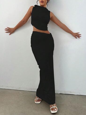 SOLY HUX Women's Mock Neck Crop Tank Top and Bodycon Maxi Skirt Outfit Casual 2 Piece Set in Saudi Arabia