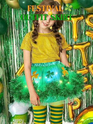 Nicute St. Patrick's Day Light Up Skirt Sparkly Clover Tutu Skirt LED Flashing Festival Party Tutu Costume for Girls in Saudi Arabia