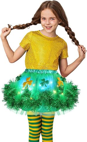 Nicute St. Patrick's Day Light Up Skirt Sparkly Clover Tutu Skirt LED Flashing Festival Party Tutu Costume for Girls in Saudi Arabia