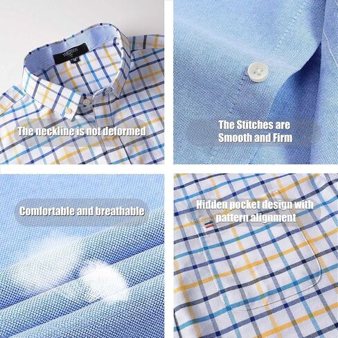 Men's Short Sleeve Regular Fit Oxford Cotton Single Pocket Plaid Casual Button Down Work Shirt in Saudi Arabia