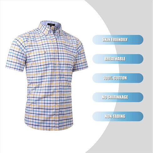 Men's Short Sleeve Regular Fit Oxford Cotton Single Pocket Plaid Casual Button Down Work Shirt in Saudi Arabia