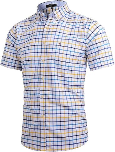 Men's Short Sleeve Regular Fit Oxford Cotton Single Pocket Plaid Casual Button Down Work Shirt in Saudi Arabia