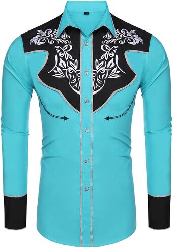 Daupanzees Men's Long Sleeve Embroidered Shirts Slim Fit Casual Button Down Shirt in Kuwait