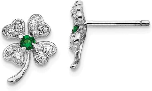 Solid 925 Sterling Silver Glass Simulated Emerald CZ Cubic Zirconia 4-leaf Clover Post Studs Earrings - 11mm x 9mm, Gemstone, Cubic Zirconia in Saudi Arabia