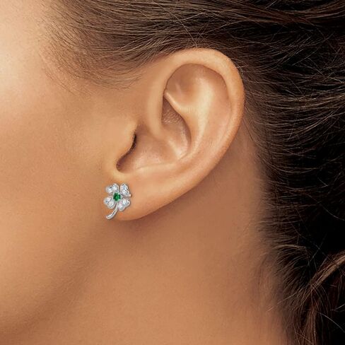 Solid 925 Sterling Silver Glass Simulated Emerald CZ Cubic Zirconia 4-leaf Clover Post Studs Earrings - 11mm x 9mm, Gemstone, Cubic Zirconia in Saudi Arabia