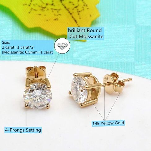 DovEggs مزدوجة 14K سدادات الأذن الصلبة 14K الذهب الأصفر 2ct 6.5mm G-H-I اللون قلوب أسهم قص سلة مواسانيت أقراط مسمار الدفع مرة أخرى للنساء in Saudi Arabia