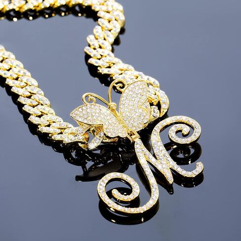 TOBENY فراشة الذهب الأولي قلادة الكوبية سلسلة الارتباط للنساء ميامي مثلج خارج سلسلة A-Z الأبجدية الأولية الكوبية فراشة المختنق قلادة بلينغ الماس المختنق قلادة الهيب هوب مجوهرات للنساء in Kuwait