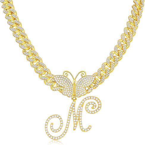 TOBENY فراشة الذهب الأولي قلادة الكوبية سلسلة الارتباط للنساء ميامي مثلج خارج سلسلة A-Z الأبجدية الأولية الكوبية فراشة المختنق قلادة بلينغ الماس المختنق قلادة الهيب هوب مجوهرات للنساء in Kuwait