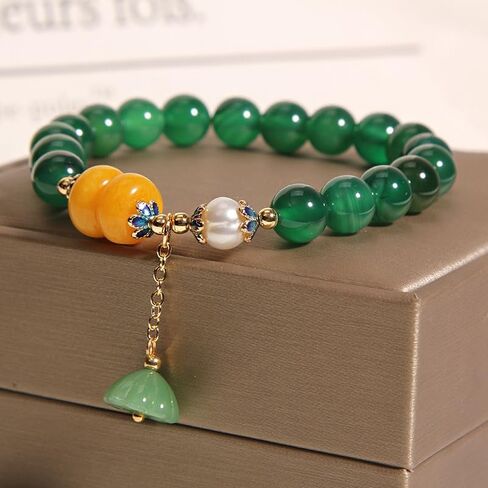 Ucubwfu Green Aventurine Bracelet for Women and Men, Natural Crystal Stretchable Bracelet, 8mm Handmade String with Pearls, Lotus Seed Head in Kuwait