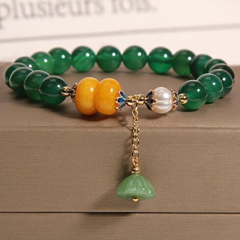 Ucubwfu Green Aventurine Bracelet for Women and Men, Natural Crystal Stretchable Bracelet, 8mm Handmade String with Pearls, Lotus Seed Head in Kuwait