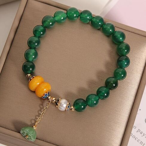 Ucubwfu Green Aventurine Bracelet for Women and Men, Natural Crystal Stretchable Bracelet, 8mm Handmade String with Pearls, Lotus Seed Head in Kuwait