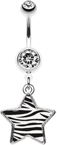 Pierced Owl 14GA Stainless Steel CZ Crystal Zebra Star Dangling Belly Button Ring in Saudi Arabia