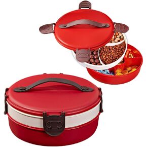 Divided Serving Tray with Lid and Handle - 2-in-1 Round Snack Box Container, Portable Charcuterie and Veggie/Fruit/Cookie Tray for Candies, Nuts, and More, Ideal for Parties Outdoor Activities (Red)