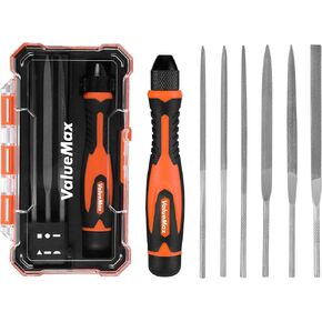 ValueMax 7PCS Interchangeable Needle File Set, Small File Set Includes Flat, Flat Warding, Round, Half-Round, Square, Triangular File and A Handle, Suitable for Shaping Metal, Wood, Jewelry, Plastic