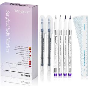 6Pcs Professional Surgical Tip Skin Marker Pen Stencil Markers Pen with Paper Ruler for Eyebrow, Tattoo Skin Marking Individually Wrapped 0.5MM & 1MM (Purple)