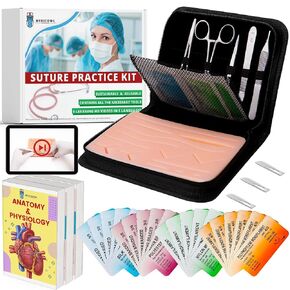 Suture Practice Kit for Students - 33 Pieces with Reusable suture Pad and 24 Suture Threads - includes HD Video Guide, anatomy and physiology Courses, Flashcards for Comprehensive Training