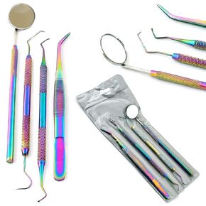 Multi Color Rainbow Dental Hygiene Set - 4pcs Basic Dental Instruments Stainless Steel Dental Tooth Pick, Mouth Mirror, Cotton Plier - Dentists Tools Set is Ideal for Personal Use & Pet Friendly ODM