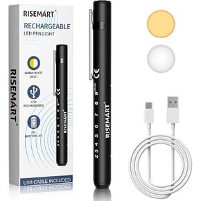 ضوء قلم RISEMART للممرضات، ضوء قلم طبي LED قابل لإعادة الشحن، ضوء دافئ وأبيض، ضوء قلم طبي محمول مع مقياس التلميذ للممرضة، الطبيب، الإسعافات الأولية، EMT، التمريض، طالب التمريض (أسود)