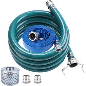 2 Inch Suction Hose Pump Kit for Water/Trash Pump Includes 2" X 20ft Blue Pvc Suction Hose & 2" X 65ft Blue Discharge Hose & Aluminum Round Hole Suction Strainer, Cam And Groove Adapter