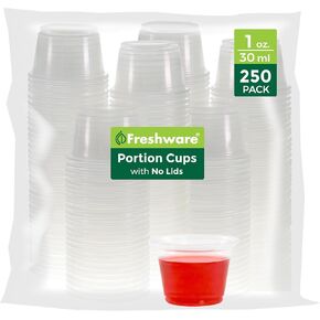 Freshware Plastic Portion Cups (No Lids) [2 Ounce, 250 Count] Disposable Plastic Cups for Meal Prep, Salad Dressing, Jellos Shot Cups, Souffle Cups, Condiment and Dipping Sauce Cups