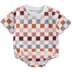 KtwHarnu Unisex Baby Boy Girl Summer Clothes Checkered Bubble Romper Oversized Short Sleeve Romper Newborn Summer Outfit