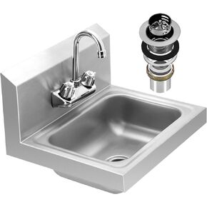 Stainless Steel Sink NSF 17" x 15" Commercial Wall Mount Sink, with Side Splash Guard, Strainer and Faucet, Perfect for Home, Stores, Restaurants, Bars, etc