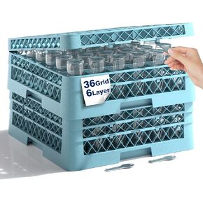 Glass Rack Commercial Dishwasher Racks, Drying Wine Cup Holder Storage for Bar Restaurant Kitchen, 2 Pack 25 Compartments with 3 Extenders, 2 Base and 6 Layers, 19.5 x 19.5 x 8.3 Inches, Blue