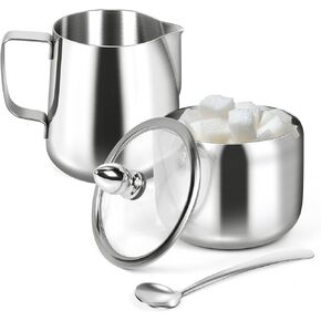 Sugar and Creamer Set,Sugar Container and Milk Frothing Pitcher for Coffee Bar Stainless Steel Sugar Bowl with Lid and Spoon for Espresso Machine Accessories (Gold)