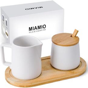 MIAMIO - مجموعة تقديم السكر والكريمة مع غطاء وملعقة/ملحقات بار القهوة السيراميكية - آمنة للاستخدام في الميكروويف وغسالة الأطباق (أبيض)