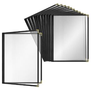 12 Pack of Goodsmart Cafe Style Menu Covers, Double Stitched Edge, Crystal Clear Vinyl (Black, 2 Pages / 4 Views - 8.5" x 11")