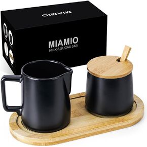 MIAMIO - Sugar and Cream Serving Set with Lid and Spoon/Ceramic Coffee Bar Accessories - Microwave & Dishwasher Safe (White)
