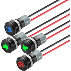 12V LED Indicator Small Light Indicator Waterproof, 1/2"(12mm) Panel Cutout 12V 24V Metal LED Indicator with 22AWG 150MM Wire - High Beam Indicator, Single Arrow Left/Right, Parking Indicator, 4PCS