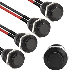 STARELO 5pcs 12mm Momentary Push Button Switch Black Shell with pre-wiring, IP65 Waterproof Push Button Switch,Aluminum Alloy 1 Normally Open without LED.