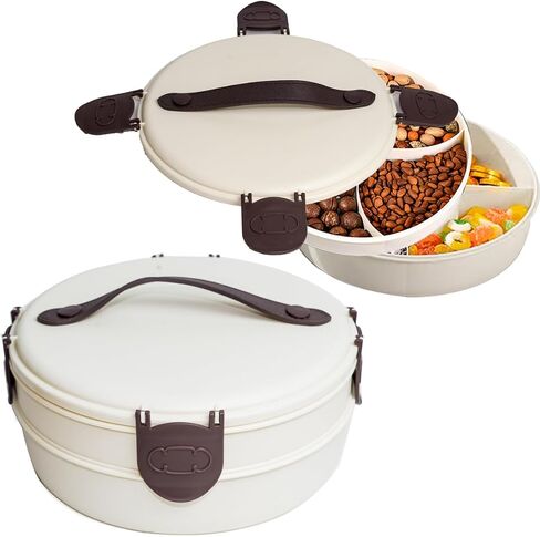 Divided Serving Tray with Lid and Handle - 2-in-1 Round Snack Box Container, Portable Charcuterie and Veggie/Fruit/Cookie Tray for Candies, Nuts, and More, Ideal for Parties Outdoor Activities (Red) in Saudi Arabia