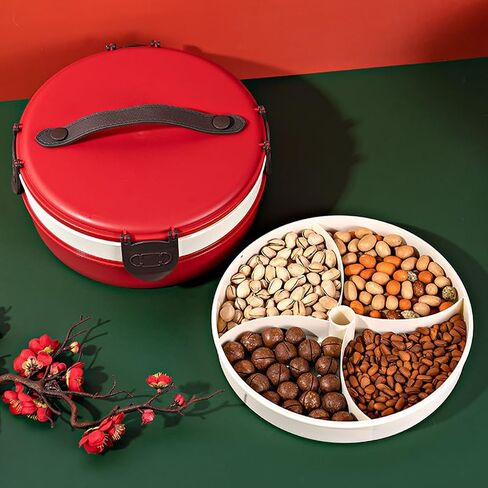 Divided Serving Tray with Lid and Handle - 2-in-1 Round Snack Box Container, Portable Charcuterie and Veggie/Fruit/Cookie Tray for Candies, Nuts, and More, Ideal for Parties Outdoor Activities (Red) in Saudi Arabia
