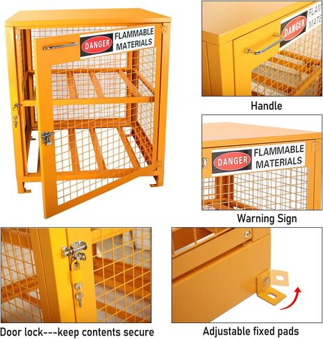خزانة تخزين أسطوانية أفقية، سعة 4 أسطوانات، 31 بوصة طول × 30 بوصة عرض × 35 بوصة ارتفاع، طلاء مسحوق أصفر، مناسب لأسطوانات غاز البترول المسال 3,5,11,20,30 و33 رطلًا in Kuwait