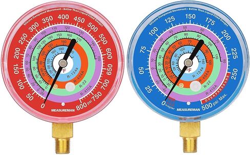 MEASUREMAN Refrigeration Pressure Gauge Kit, 3-1/8" Dial, Blue Dial & Red Dial, 1/8" NPT Lower Mount, 30inHg-0-250psi, 250-500psi & 0-800psi in Saudi Arabia