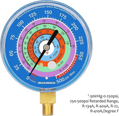 MEASUREMAN Refrigeration Pressure Gauge Kit, 3-1/8" Dial, Blue Dial & Red Dial, 1/8" NPT Lower Mount, 30inHg-0-250psi, 250-500psi & 0-800psi in Saudi Arabia