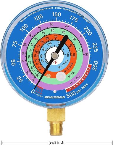 MEASUREMAN Refrigeration Pressure Gauge Kit, 3-1/8" Dial, Blue Dial & Red Dial, 1/8" NPT Lower Mount, 30inHg-0-250psi, 250-500psi & 0-800psi in Saudi Arabia
