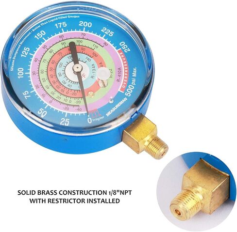 MEASUREMAN Refrigeration Pressure Gauge Kit, 3-1/8" Dial, Blue Dial & Red Dial, 1/8" NPT Lower Mount, 30inHg-0-250psi, 250-500psi & 0-800psi in Saudi Arabia