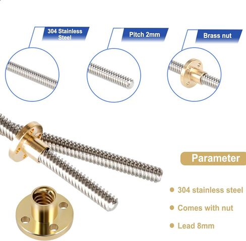برغي الرصاص من الفولاذ المقاوم للصدأ 300 مم (11.81 بوصة) Tr8x2 مع صامولة نحاسية T8 للطابعة ثلاثية الأبعاد Z المحور وآلة CNC (خيط Acme، درجة 2 مم، 4 بدايات، سلسلة 2 مم) in Kuwait