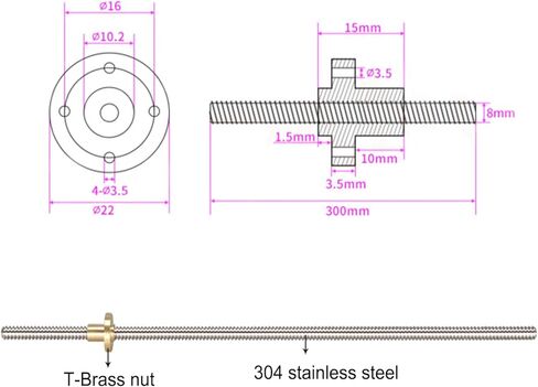 برغي الرصاص من الفولاذ المقاوم للصدأ 300 مم (11.81 بوصة) Tr8x2 مع صامولة نحاسية T8 للطابعة ثلاثية الأبعاد Z المحور وآلة CNC (خيط Acme، درجة 2 مم، 4 بدايات، سلسلة 2 مم) in Kuwait