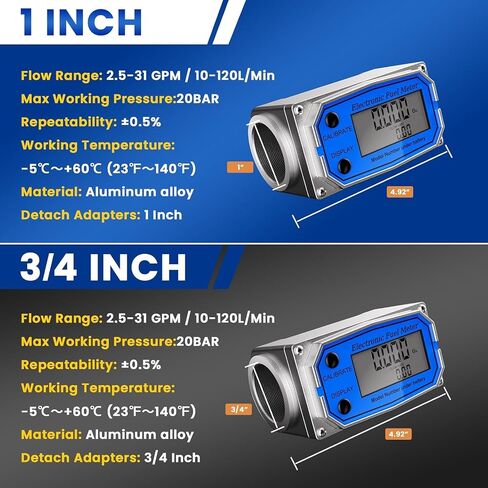Flow Meter 3/4 Inches - Digital Flow Meter Aluminum Alloy Engineered - Fuel Meter Features Auto on & Off - Turbine Flow Meter & Digital Gas Meter in Industry-Grade - Supports Gallon, QTS, PTS, L, m³ in Saudi Arabia