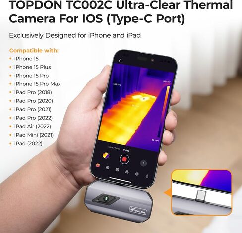 كاميرا حرارية TOPDON TC002C لسلسلة iPhone 15 وأجهزة iPad مع منفذ من النوع C، دقة عالية 256 × 192 بالأشعة تحت الحمراء، تصوير حراري، تقرير اختبار الأشعة تحت الحمراء، نطاق درجة الحرارة -4 درجة فهرنهايت ~ 1022 درجة فهرنهايت، نسخة مطورة من TC002 in Saudi Arabia